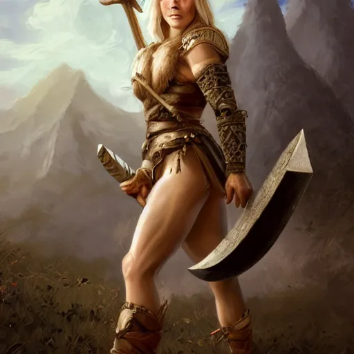 Image similar to an ultradetailed portrait of a beautiful and tough looking blonde viking woman, carrying a large axe above her head, fantasy, intricate, elegant, highly sharp focus, illustration, digital painting, smiling playfully, burning village in the background, night time raid, 8 k, artstation, fine detail, art by frank frazetta