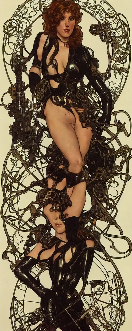 Prompt: striking sensual industrial art nouveau style portrait of kitty pryde as an extreme metal soldier by glenn fabry, simon bisley and alphonse mucha, photorealism, extremely hyperdetailed, perfect symmetrical facial features, perfect anatomy, ornate declotage, spikes, latex, excited expression, wild eyes