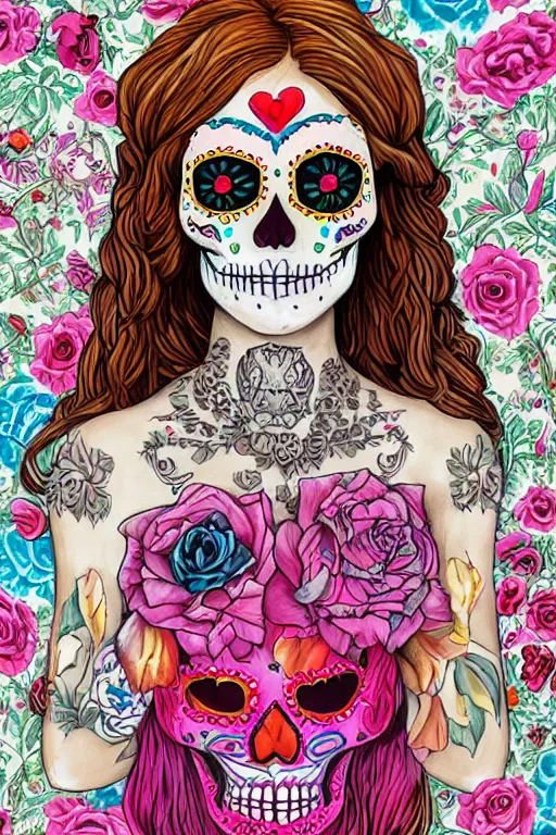 Prompt: Illustration of a sugar skull day of the dead girl, art by martine johanna