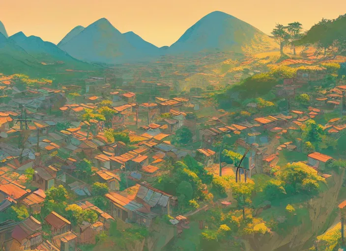 Prompt: concept art painting of a small village in a valley seen from above, european japanese buildings, early morning, cel shaded, by makoto shinkai and moebius and anton fadeev and james gurney