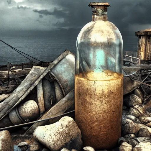 Image similar to A ship wreck in a bottle, hyper photo realistic, octane render