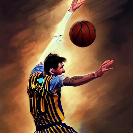 Image similar to Messi dunking a basketball, NBA, D&D style, fantasy, intricate, elegant, highly detailed, digital painting, artstation, concept art, matte, sharp focus, illustration, art by Artgerm and Greg Rutkowski and Alphonse Mucha