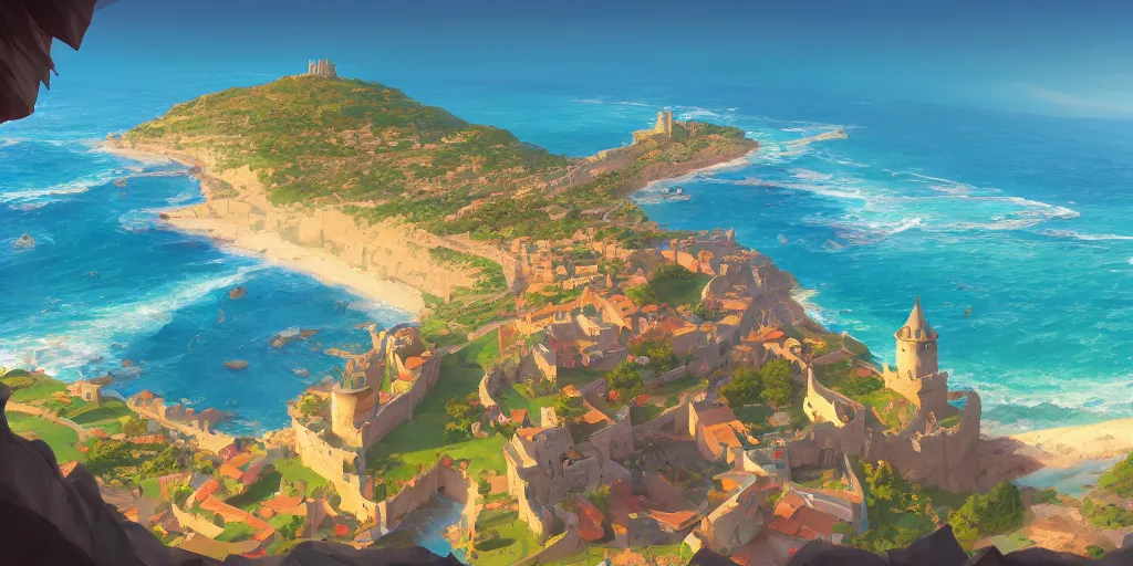 Image similar to Panoramic view of the Castle of Peñiscola and surrounding beaches, mattepainting concept Blizzard pixar maya engine on stylized background splash comics global illumination lighting artstation lois van baarle, ilya kuvshinov, rossdraws