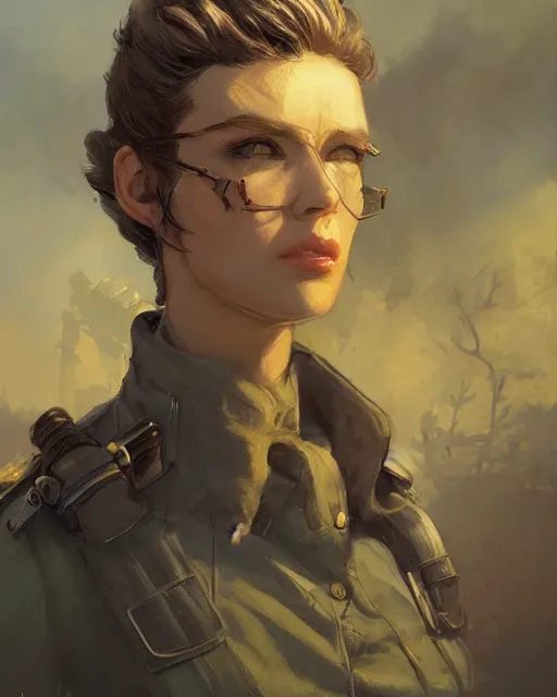 Image similar to fallout 5, concept art brunette female enclave officer portrait, concept art, outdoors mesa setting, spring time, slight overcast, atmospheric lighting, painted, intricate, volumetric lighting, beautiful, sharp focus, golden hour, ultra detailed by krenz cushart and wenjun lin