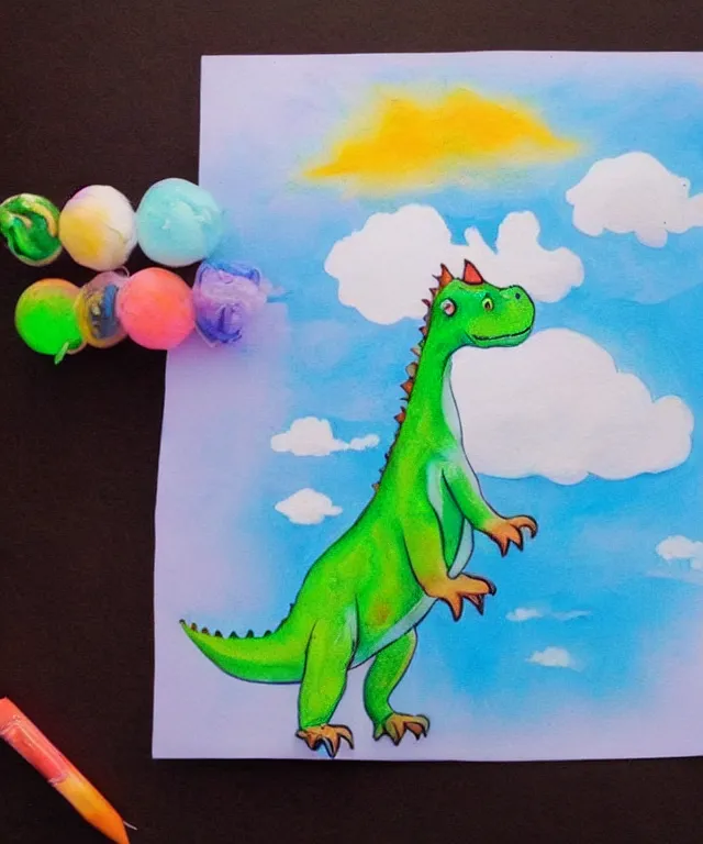 Image similar to a cute little dinosaur, water painting, cotton candy, fluffy clouds