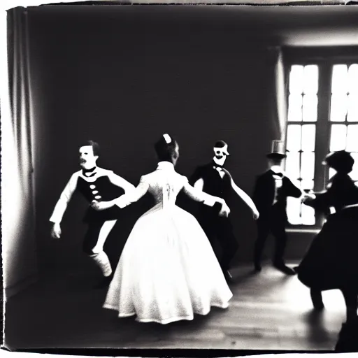 Image similar to pinhole black and white photo of a victorian living room with costumed people dancing