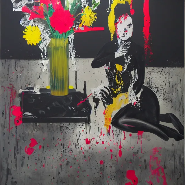 Image similar to empty room with black walls, sensual portrait of a woman, japanese vase, spilled flowers, puddle of water, octopus, squashed berries, neo - expressionism, surrealism, acrylic and spray paint and oilstick on canvas