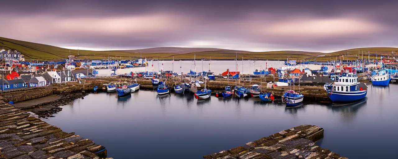 Prompt: a landscape photograph of the harbour at Stromness orkney, by Daniel Kordan, Colby Brown, wide angle, sunset