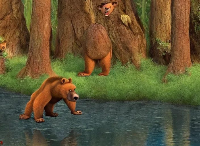 Image similar to screenshot from disney’s ‘Brother Bear’ (2003), iconic scene, HD remaster, Disney, highly detailed, high quality, beautiful scenery, brown bear, Kodak bears, Disney cartoon, film still