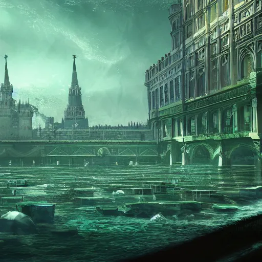 Prompt: underwater moscow, green ratio, black ratio, symmetric, elegant, ornate, luxury, elite, matte painting, MTG, magic the gathering, cinematic, cgsociety, 8k, high resolution, concept art, cgsociety, octane render, trending on artstation, artstationHD