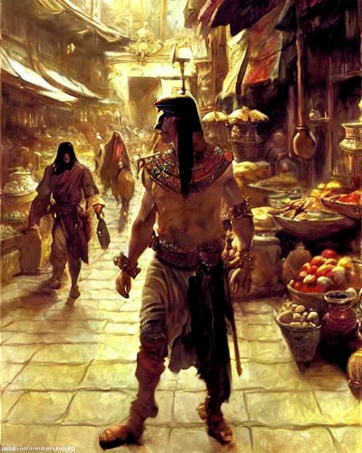 Image similar to fantasy concept art by anders zorn and craig mullins depicting colin farrell as an ancient egyptian rogue standing in a busy oriental market