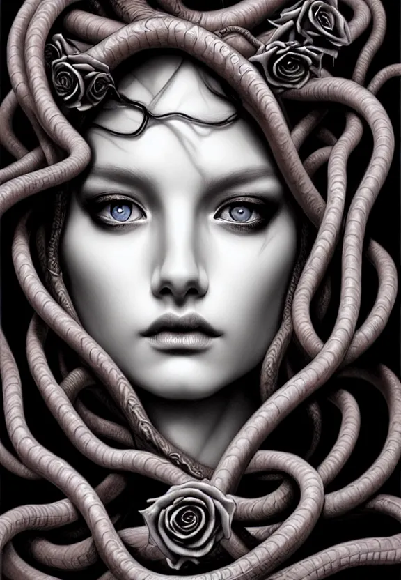 Image similar to , medusa, symmetrical portrait, realistic, full body, black rose, rich detail, by wlop, stanley artgerm photo - grade