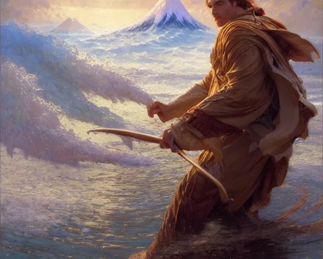 Image similar to attractive male wizard casting powerful giant tsunami spell in a beautiful lake. highly detailed painting by gaston bussiere, craig mullins, j. c. leyendecker 8 k