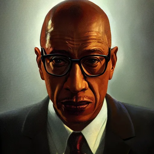 Image similar to a portrait of Gus Fring from Breaking Bad, oil painting, Greg Rutkowski, Charlie Bowater, Beeple, unreal 5, DAZ, hyperrealistic, octane render, RPG portrait, dynamic lighting, fantasy art, beautiful face