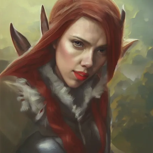 Image similar to a movie still frame, of scarlett johansson as a female elf, oil on linen, beautiful painting, by tooth wu, artgerm, fantasy concept art portrait, by bayard wu, trending on artstation,