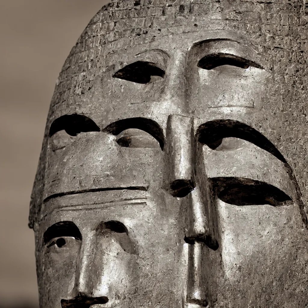 Prompt: highly detailed portrait photography steered gaze of a stern face, wearing a chrome venetian mask, in autumn, 105mm f2.8 at the Giza Pyramid