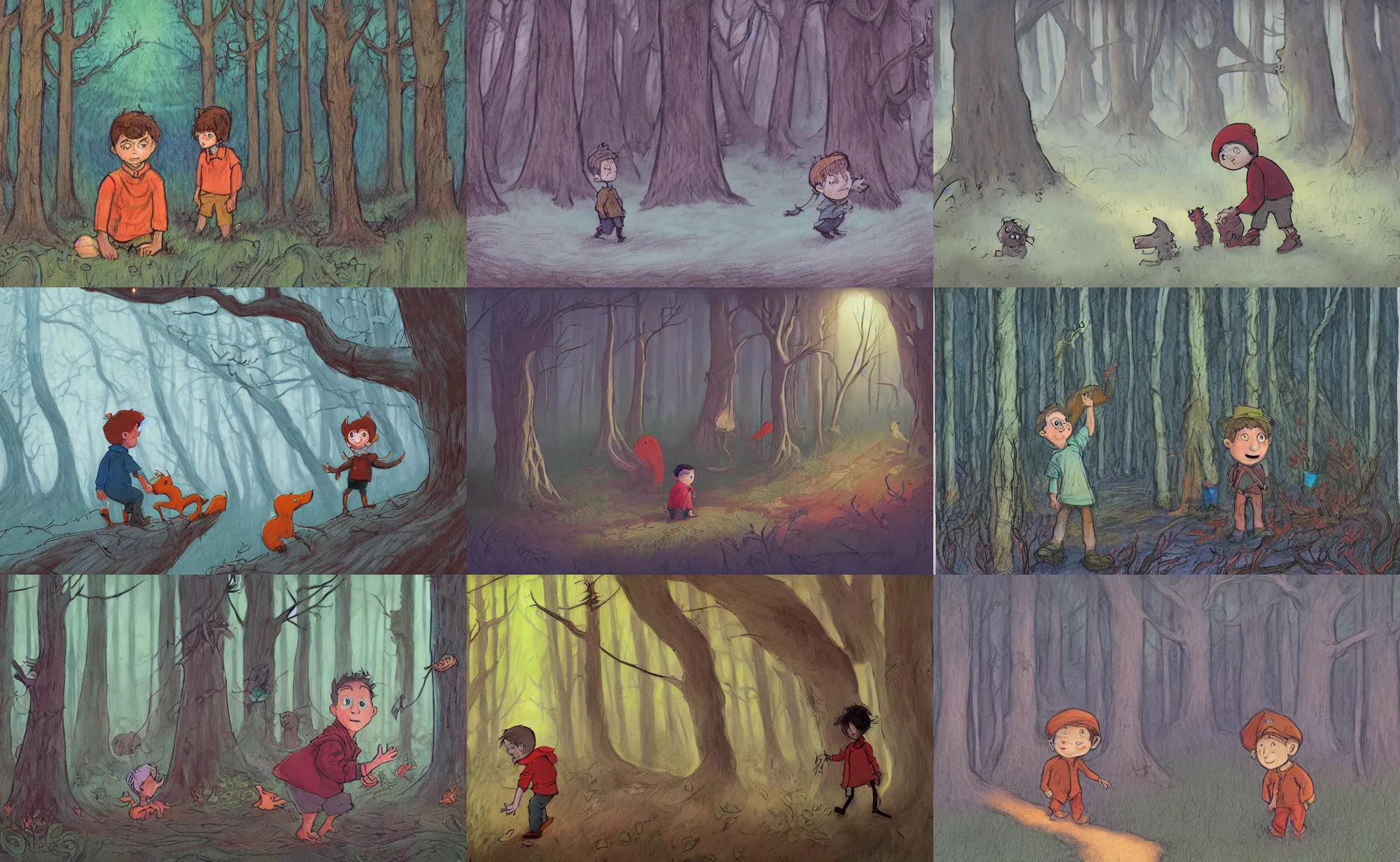 Prompt: children book illustration of boy in haunted forest, by beatrice blue, by julia sarda, by loish, by szymon biernacki. classic, guache, crayons, pastels. traditional. dark. artstation