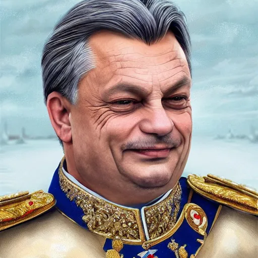 Image similar to an extremely realistic portrait depicting the coronation of viktor orban dressed in royal national costume, on the frozen danube, detailed, intricate, elegant, highly detailed, hyper realistic face, digital painting, artstation, concept art, smooth, sharp focus, illustration,