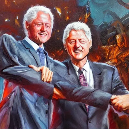 Image similar to highly detailed oil painting, concept art, dr phil and bill clinton, holding hands and dancing on a pile of dead kids, concept art, highly detailed