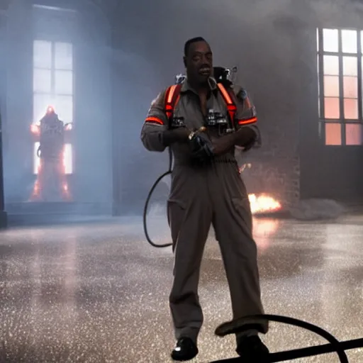 Image similar to awe inspiring Eddie Murphy playing a Ghostbuster in a still from the movie Ghostbusters 8k hdr
