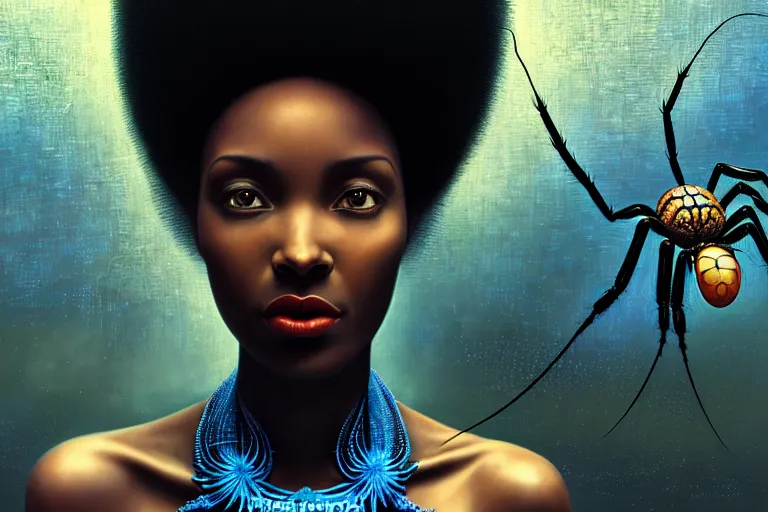 Prompt: realistic detailed photorealistic film portrait shot of a beautiful black woman with a giant spider, sci-fi city landscape background by Denis Villeneuve, Amano, Yves Tanguy, Alphonse Mucha, Ernst Haeckel, Max Ernst, Andrei Tarkovsky, Edward Robert Hughes, Roger Dean, necklace, dynamic pose, rich moody colours, wide angle, blue eyes