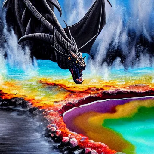 Image similar to highly detailed oil painting of a black dragon in a colorful hotspring at yellowstone national park, featured on artstation