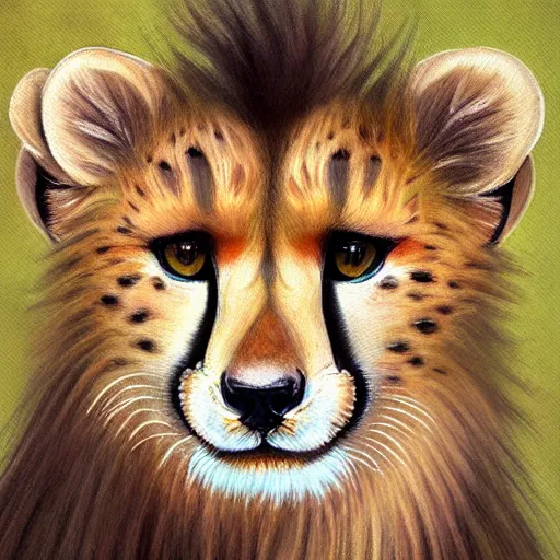 Image similar to portrait of a cute fluffy baby cheetah with long furry colorful lion mane detailed painting 4 k