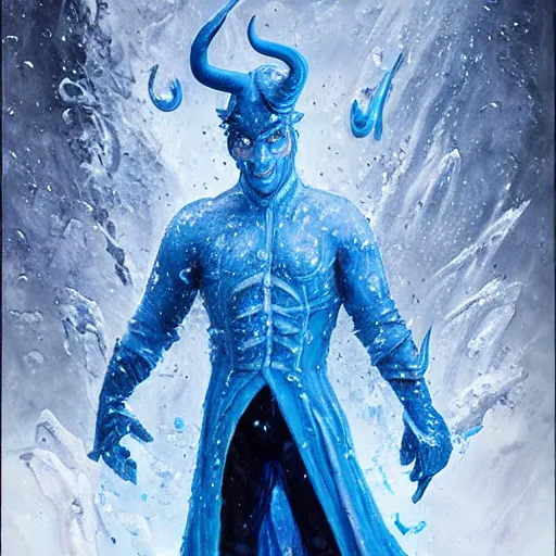 Image similar to a blue tiefling man frozen in ice and shattering into a million pieces, by Tony Sart, detailed, realistic, masterpiece, symmetrical