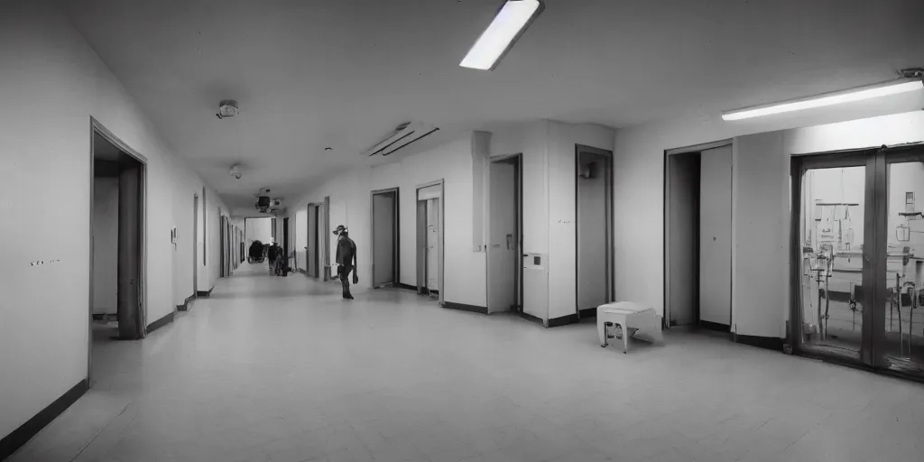 Prompt: hospital full of horrors, sinister look, old large format glass plate photo, hitchcock, peter stein, kaurismaki, cinematic lighting, 2 - point perspective, golden ratio composition