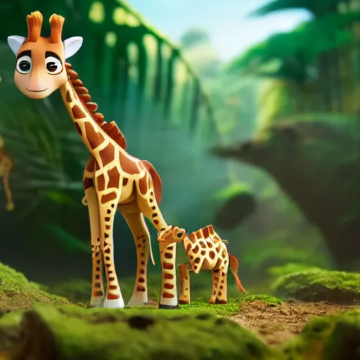 Image similar to giraffe as nendoroid walking in a jungle in the croods movie style, anime, disney, pixar, 8 k, hd, dof, kodak film, volumetric lighting, subsurface scattering, photorealistic, octane render, details