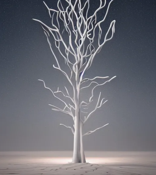 Prompt: surreal white tree made of snakes, ancient and futuristic in the desert, foggy sky, dark night, octane render, unreal engine, pale colors, high detail, 8 k, wide angle, trending on artstation, behance