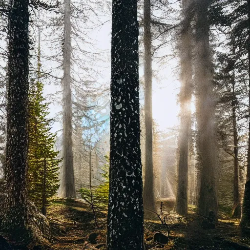 Image similar to bright nordic forest, sparkling spirits, detailed wide shot, dirt, ground detailed, wet eyes reflecting into eyes reflecting into infinity, beautiful lighting