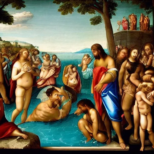 Prompt: A Renaissance painting of Jesus at a pool party with Greek and Hindu deities, highly detailed