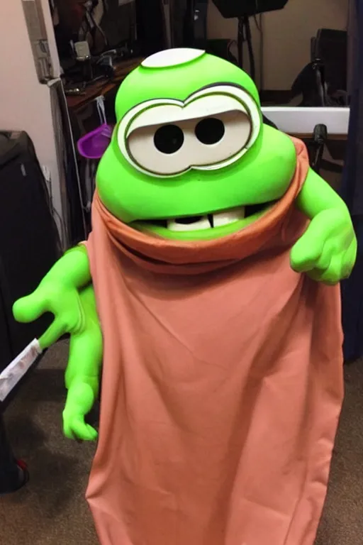 Image similar to a mix of mike wazowski and george clooney wearing a toga and helmet with goggles