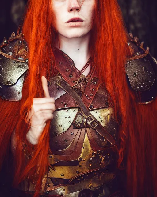 Image similar to north female warrior, red hair, ginger hair, long hair, fantasy, female Viking, high detailed, photography, cloudy, lightweight leather armour, Scandinavia, plain, detailed face, beautiful face, look into the distance, professional model, glowing skin, serious face, full body, professional photographer, masterpiece, 50 mm, 8k, 3D