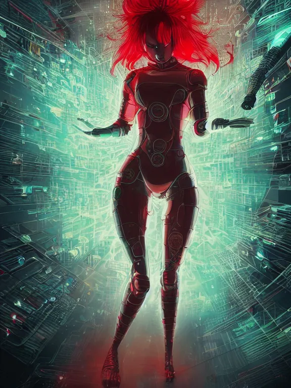 Image similar to a futuristic female geisha warrior, red hair made out of water, blade runner, akira, ghost in the shell, 2077, style of Laurie Greasley and Satoshi Kon + symmetric lights and smoke, psychedelic effects , glowing particles, neon rain, glowing runes, de-noise, symmetrical composition, high detailed + tarot card, ornate border, 8k,