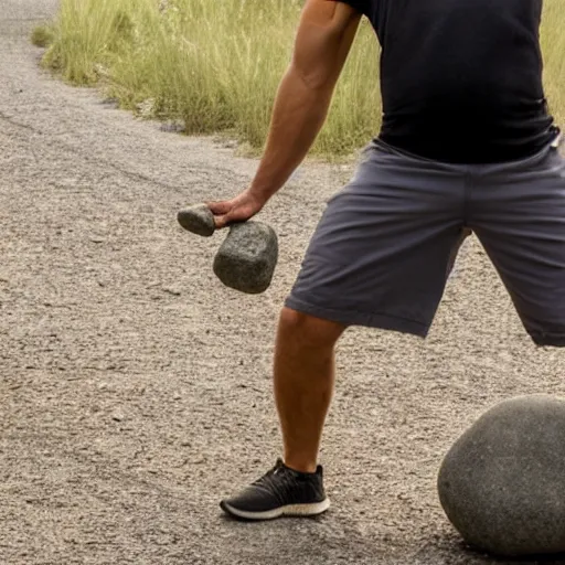 Prompt: a man pushing a boulder with his chest