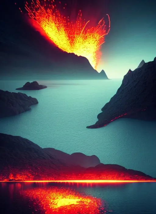 Image similar to night fantasy landscape with abstract mountains and island on the water, explosive volcano with burning lava, neon light. dark futuristic natural scene with reflection of light in the water, cinematic view, detailed, high detail, warm lighting, volumetric, godrays, vivid, beautiful, trending on artstation, by jordan grimmer, huge scene, art greg rutkowski