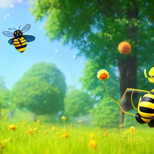 Image similar to large cute bee flying to crimson - black cute bee art school, in a beautiful forest meadow village landscape, flowers, happy trees, photorealistic, octane render, rtx, hdr, unreal engine, digital art widescreen 8 k, studio ghibli, disney, wlop