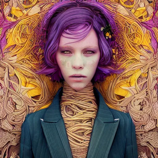 Image similar to a portrait of an incredibly beautiful woman made of potatoes roots and violets, an ultrafine detailed illustration by james jean, final fantasy, intricate linework, bright colors, behance contest winner, vanitas, angular, altermodern, unreal engine 5 highly rendered, global illumination, radiant light, detailed and intricate environment