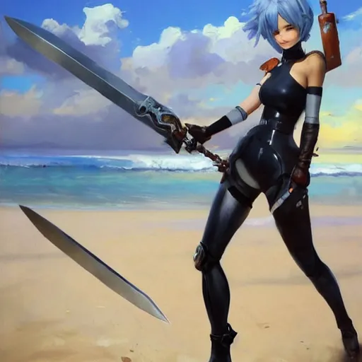 Image similar to greg manchess portrait painting of 2 b nier automata as tracer from overwatch on the beach holding a sword, organic painting, sunny day, matte painting, bold shapes, hard edges, street art, trending on artstation, by huang guangjian and gil elvgren and sachin teng