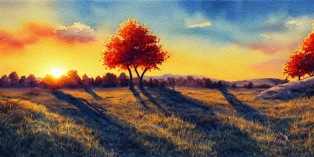 Prompt: golden hour nature landscape, watercolor, ultra realistic, highly detailed, hd, sharp focus, cinematic lighting, warm colors, realistic, photorealistic, vivid colors, painting, digital art, non blurry, sharp, artstation, smooth, illustration