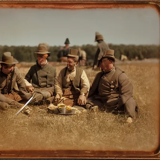 Prompt: eating spaghetti on the battlefield, american civil war, tintype sigma 5 0 mm, cinematic lighting, photography, wes anderson, kodachrome