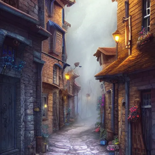 Image similar to narrow street between houses, fantasy art, concept art, high detail