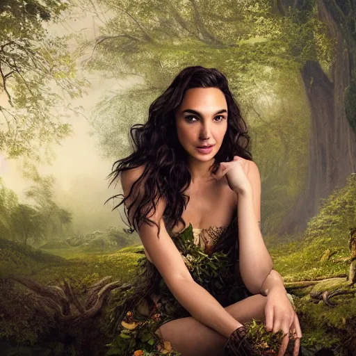 Prompt: Portrait of the beautiful woman Gal Gadot as a forest nymph, she is posing, she has a crown of flowers, she is sitting on an ancient ruins, there is fog and lots of extravagant insects, she is getting ulluminated by wood fire, the photo was taking by Annie Leibovitz, matte painting, oil painting, naturalism, 4k, 8k