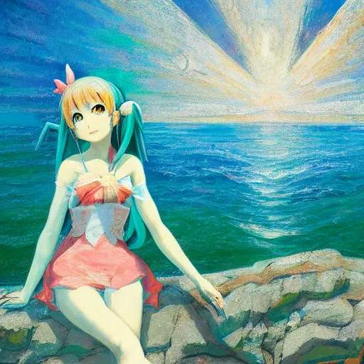 Prompt: Beautiful abstract impressionist painting of Hatsune Miku on a cliff looking calmly at the sea, hatsune miku official artwork, danbooru, oil painting by William Blake, wide strokes, pastel colors, soft lighting sold at an auction