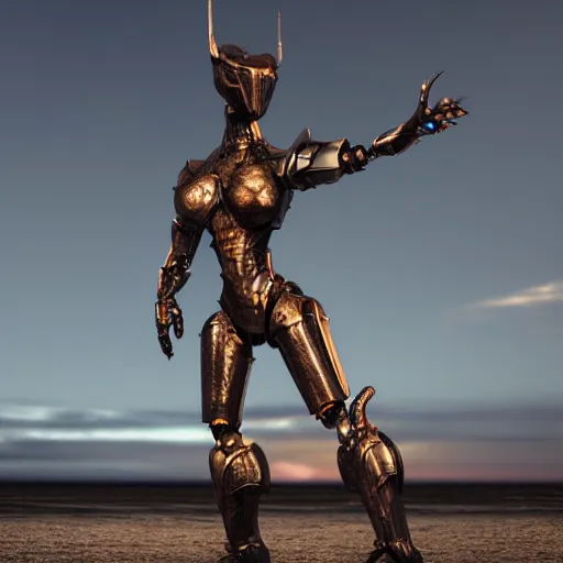 Image similar to cinematic body shot, realistic detailed stunning beautiful armored anthropomorphic female robot dragon, looking to the side with an elegant pose of hand on hip, smooth and streamlined armor and design made of steel, sharp claws and sharp teeth, high quality head, Slick LEDs, on the beach during sunset, high quality, cinematic art, sci fi, sunset lighting, 3D render, 8k, artstation, deviantart, furaffinity