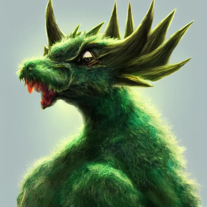 Prompt: upper body portrait of a short green fuzzy anthropomorphic male dragon standing on its hind legs and a red spike on the tip of the tail, soft lighting, artstation, extremely detailed