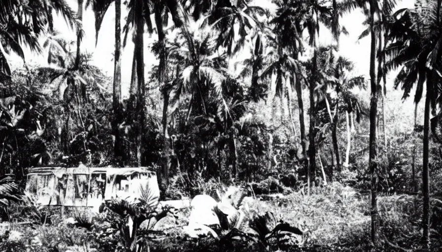 Image similar to lost film footage of a sacred object in the middle of the ( ( ( tropical jungle ) ) ) / film still / cinematic / enhanced / 1 9 2 0 s / black and white / grain