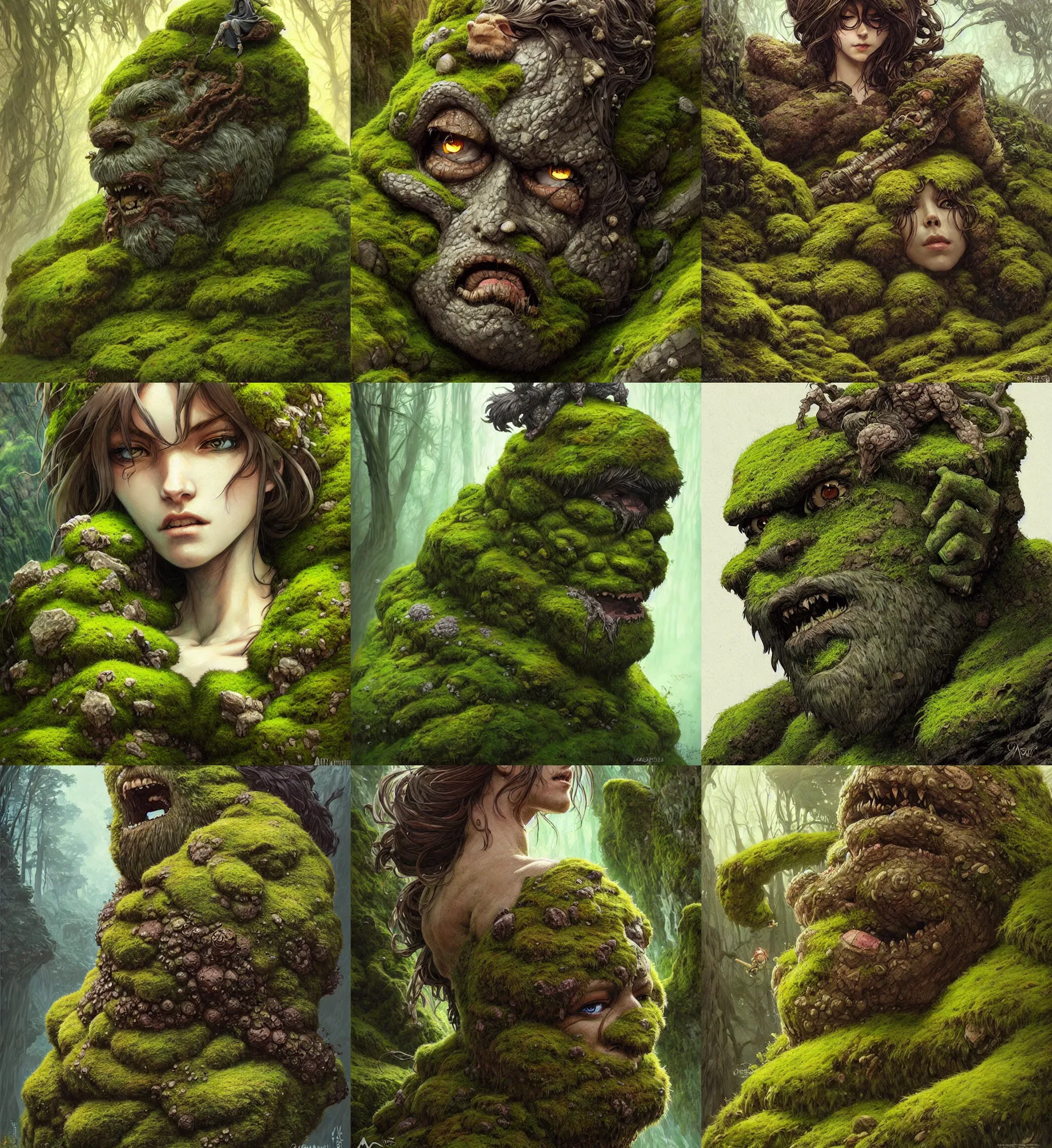 Prompt: rock monster covered in moss with a moss beard!!, dnd, highly detailed, detailed face, manga illustration, by artgerm, greg rutkowski, alphonse mucha